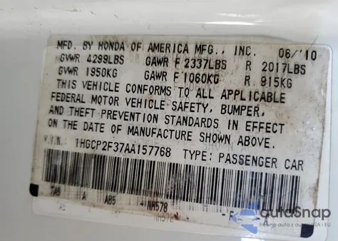 2010 Honda Accord Lx from USA, damaged, VIN 1HGCP2F37AA157768